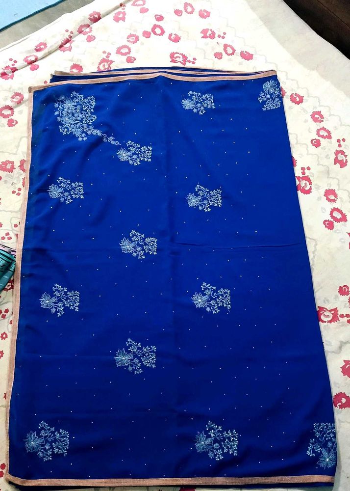 Royal Blue Embroidered Synthetic Saree
