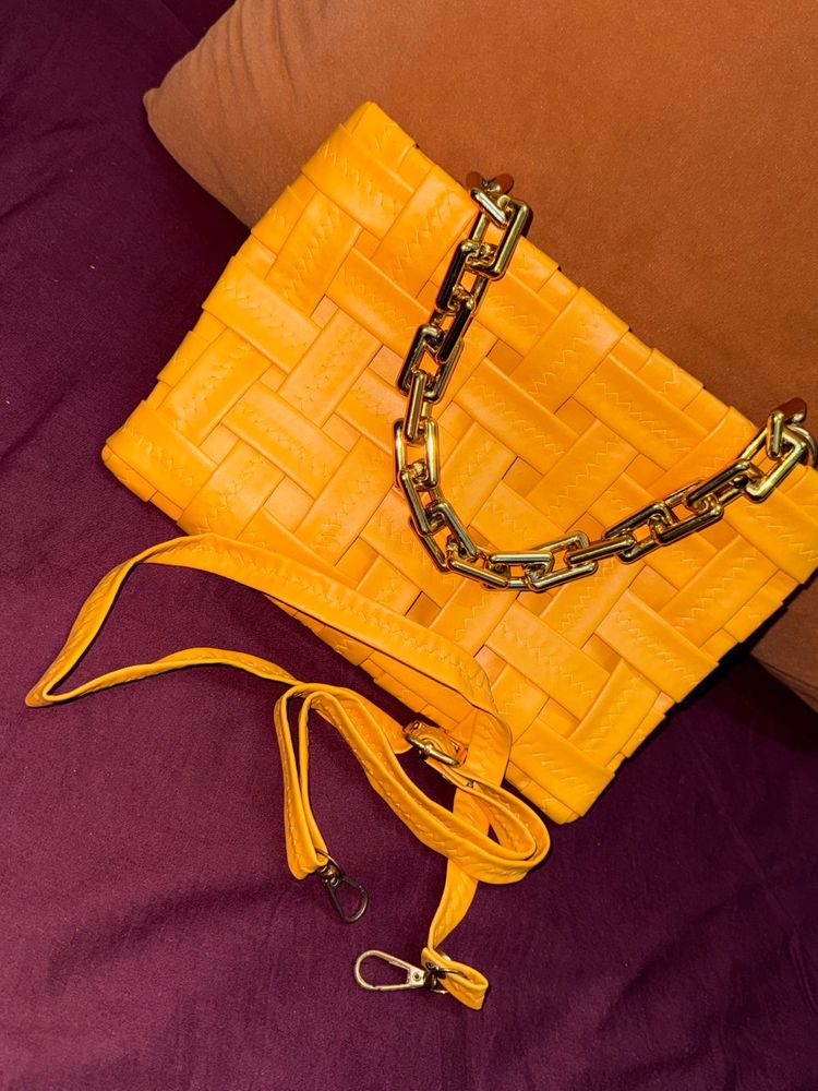 Vibrant Yellow Woven Clutch with Chain Strap