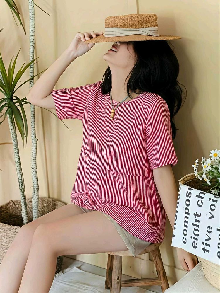 New with tag Korean Red Striped Peplum Top