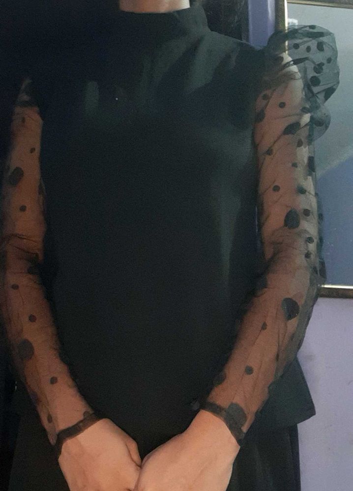 Chic Polka Dot Mesh Sleeve Top