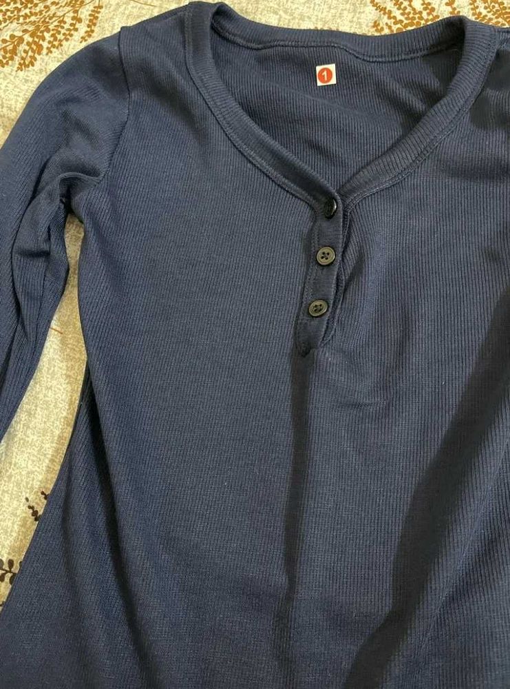 Navy Blue Ribbed Henley Top
