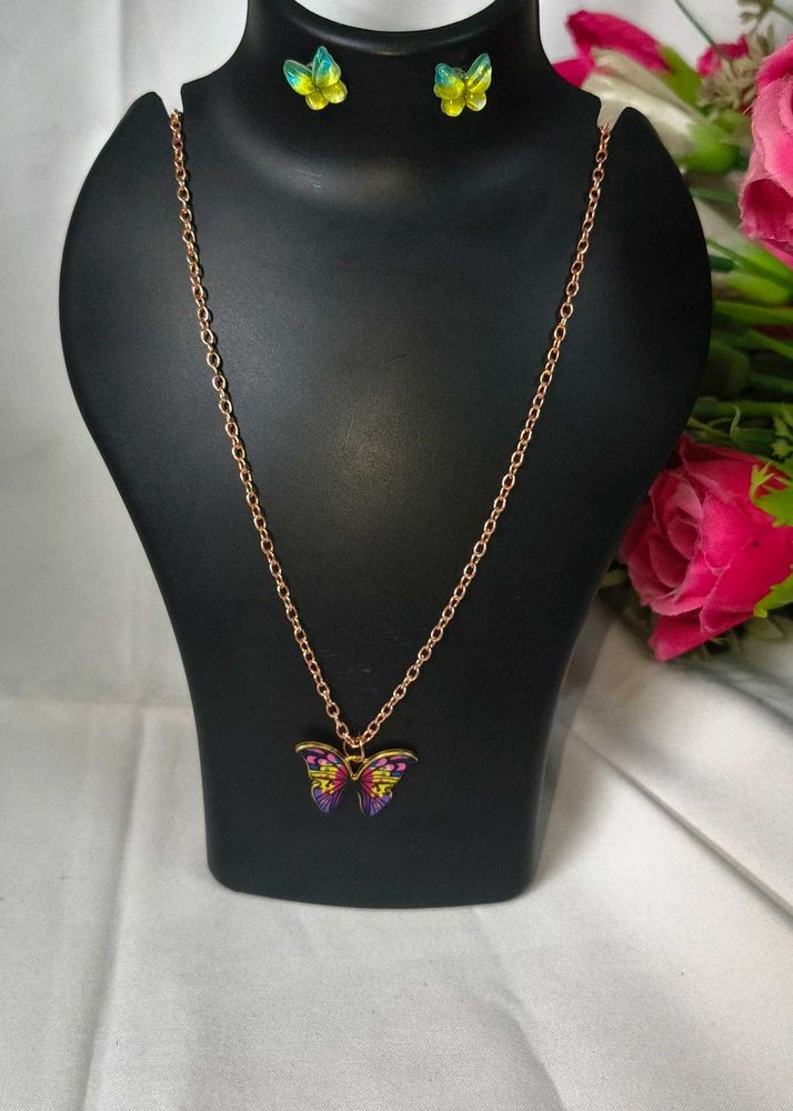 Butterfly Metal Multicolour Necklace &amp; Earring Set