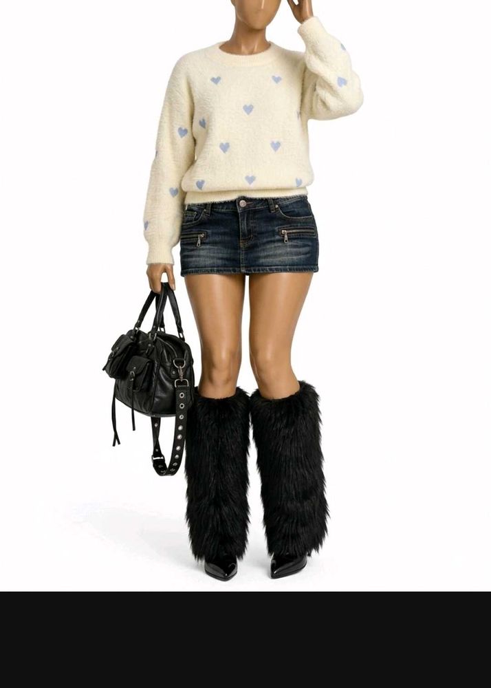 Cream Heart Pattern Fuzzy Sweater