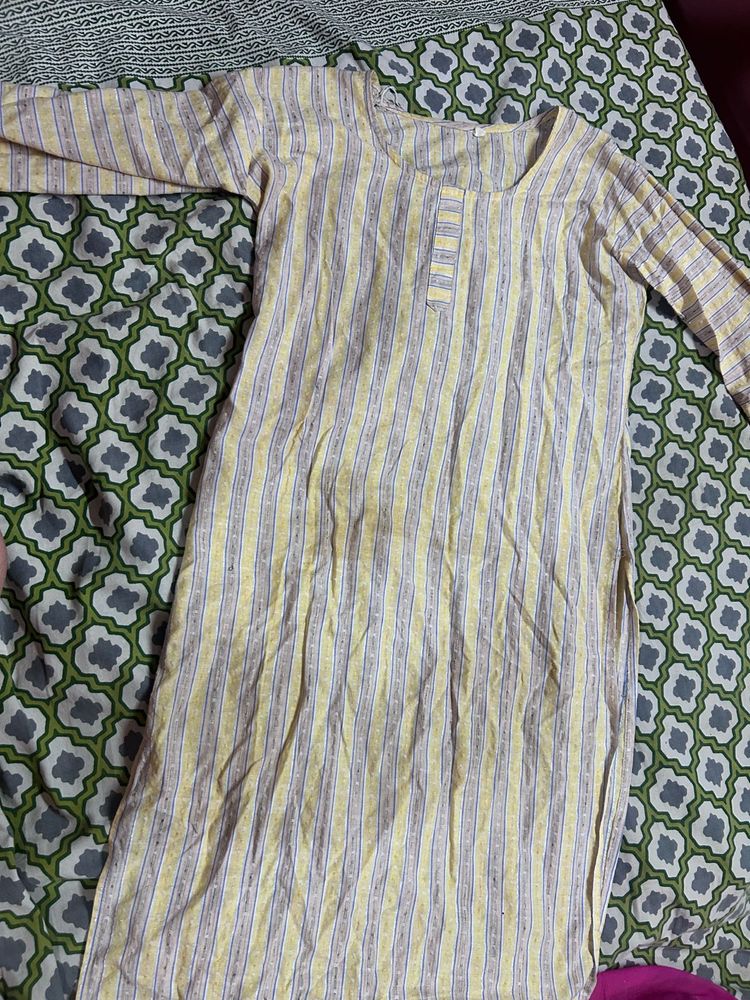 Yellow &amp; Grey Striped Casual Tunic Kurti