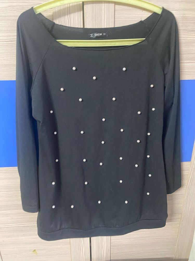 SHEIN Black Pearl Embellished Top