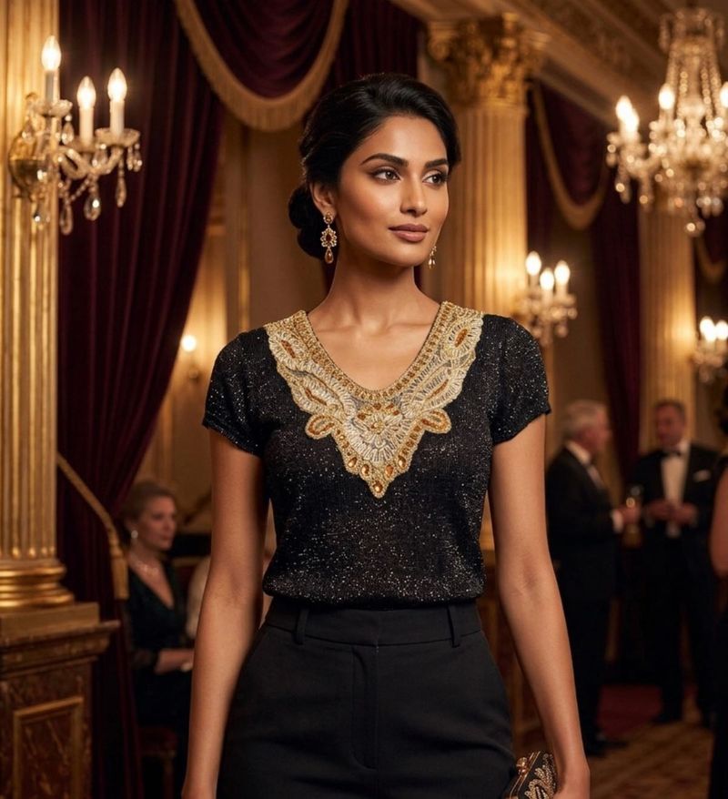 Black Embellished Neckline Blouse
