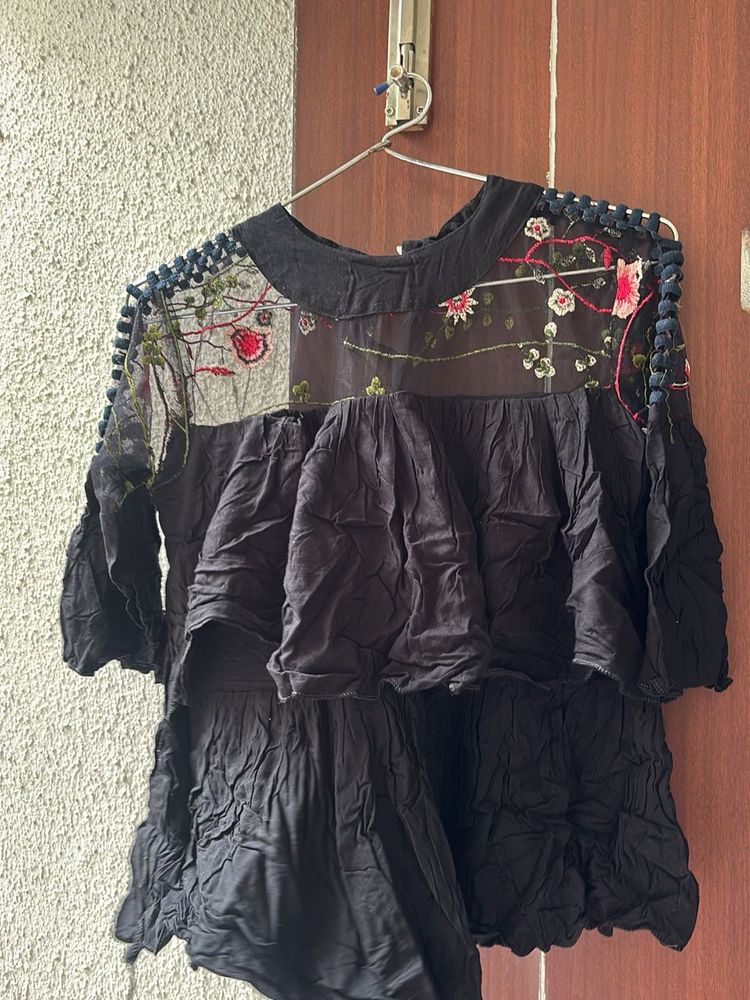 Embroidered Tiered Black Top
