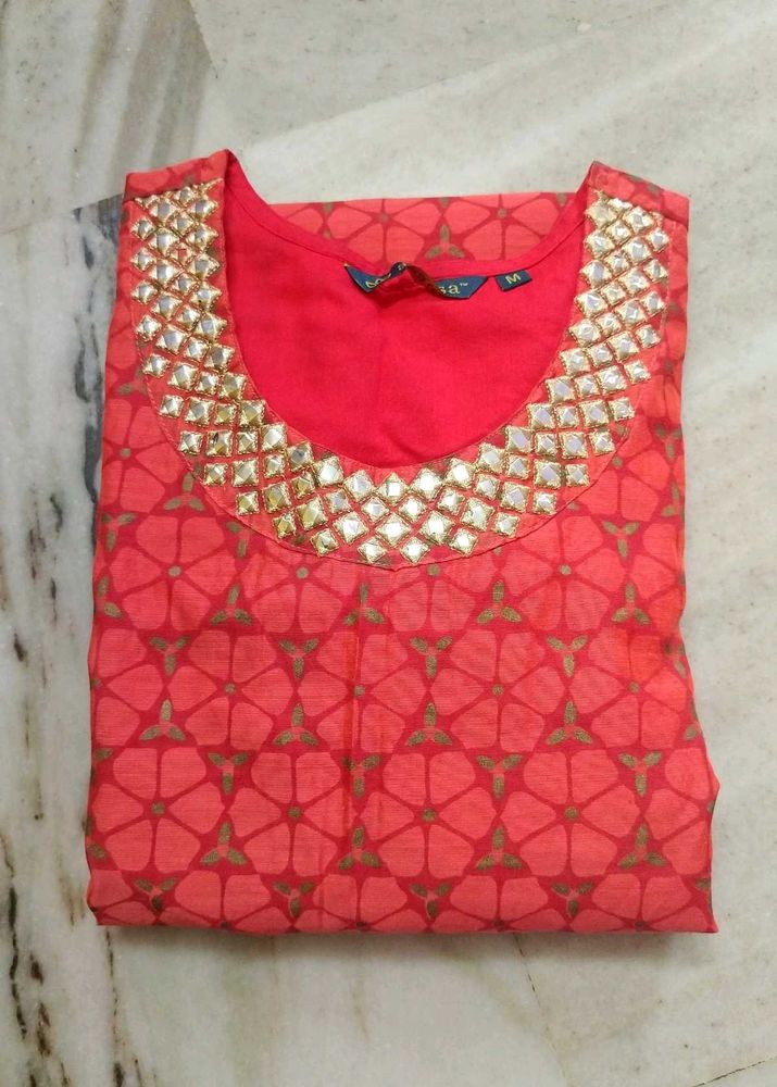2 Layered Red Kurta with Mirror Work