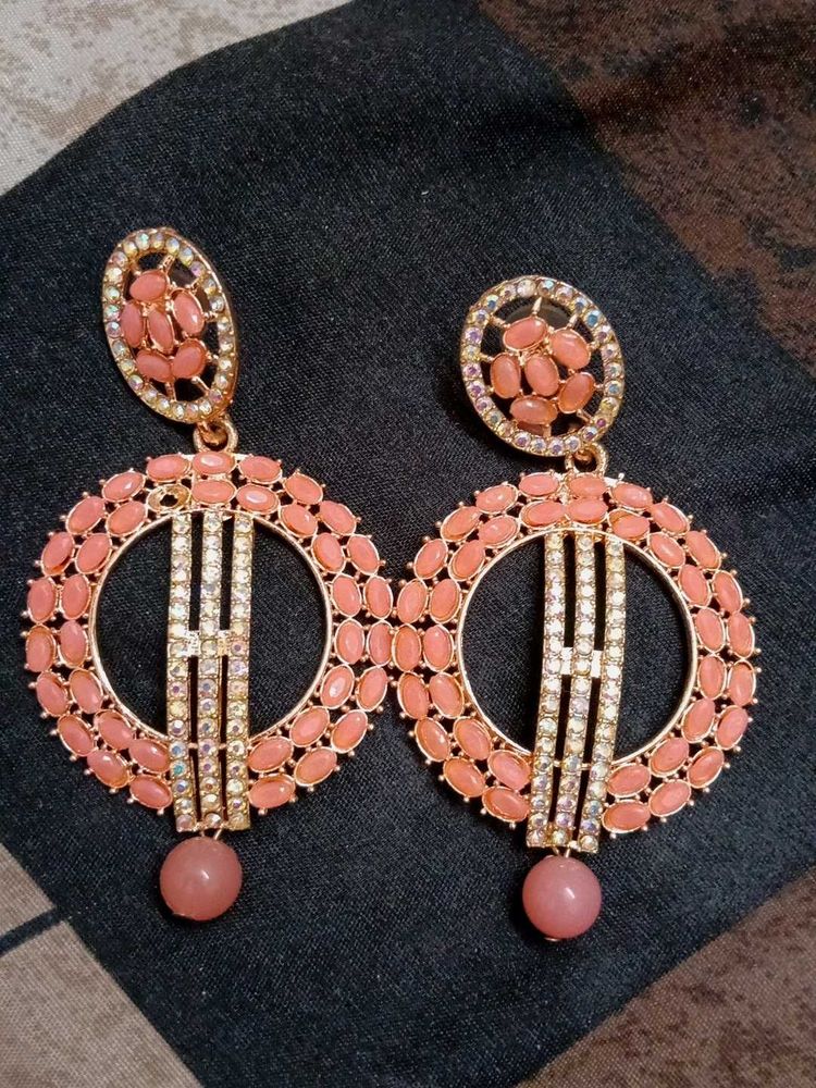 Beautiful Peach &amp; Crystal Drop Earrings