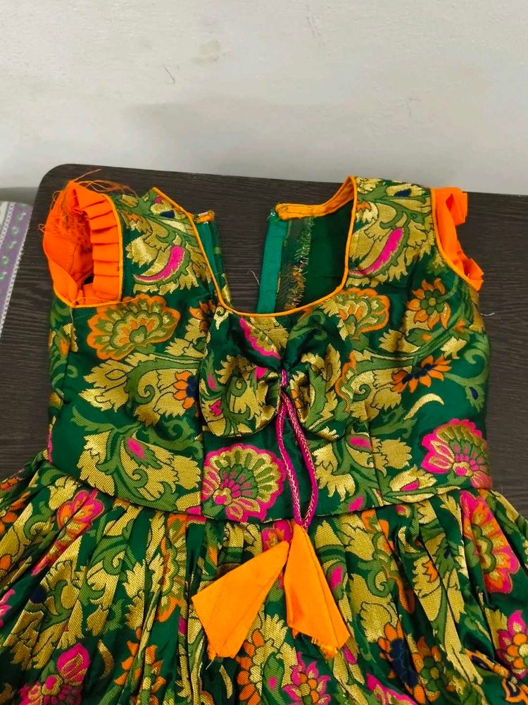 Elegant Green &amp; Orange Brocade Lehenga Choli