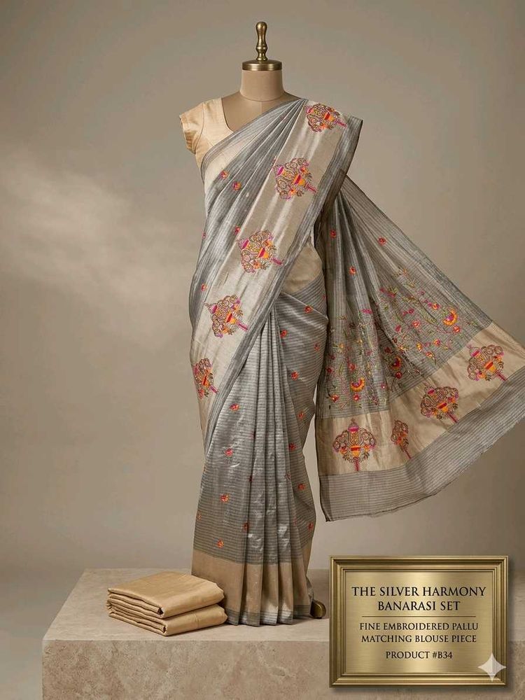 Elegant Silver Embroidered Banarasi Saree