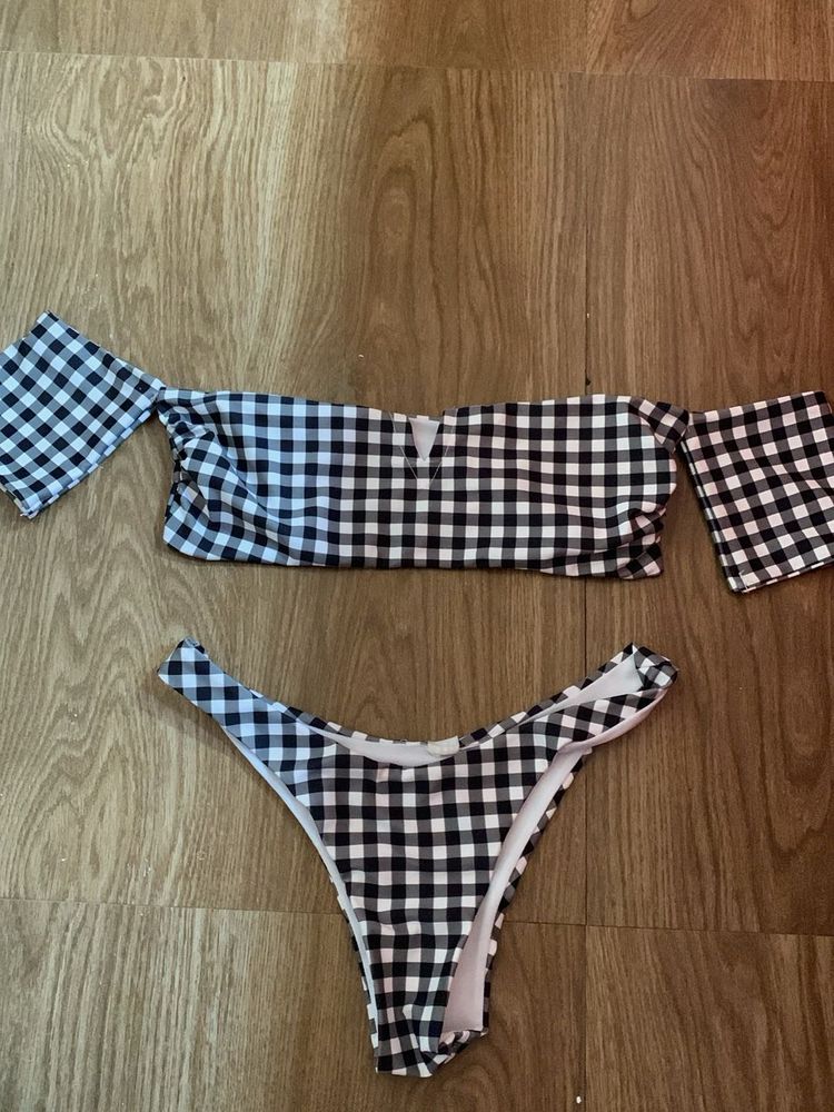 Gingham Off-Shoulder Bikini Set