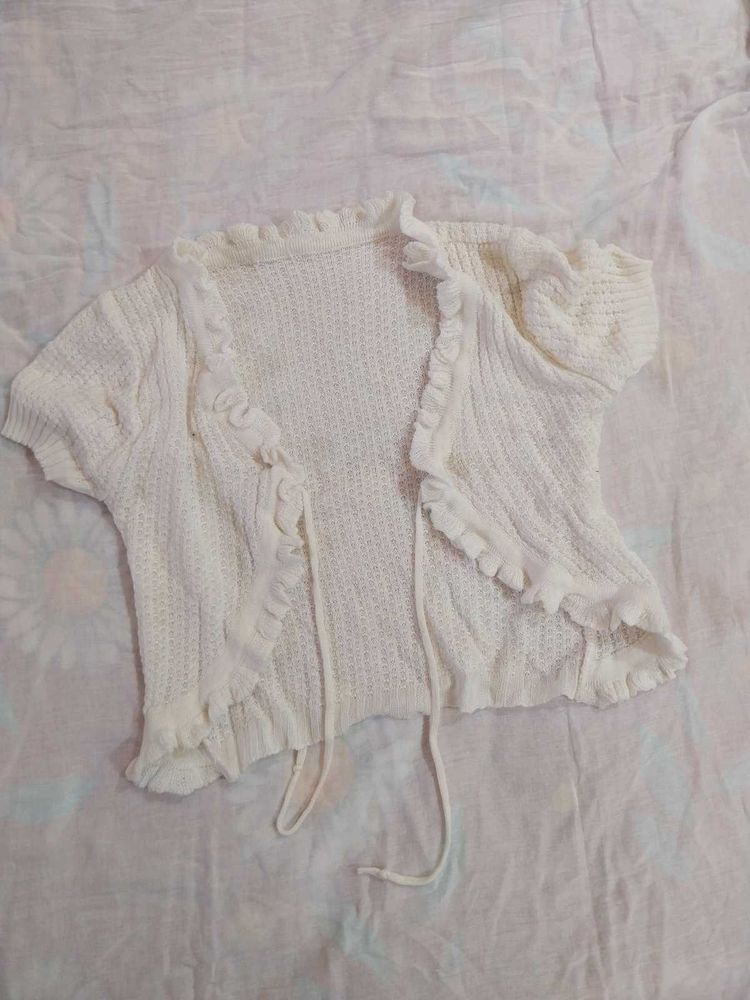 Cute White Ruffle Knit Cardigan