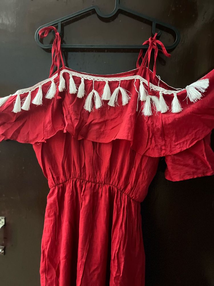 Red Off-Shoulder Tassel Dress