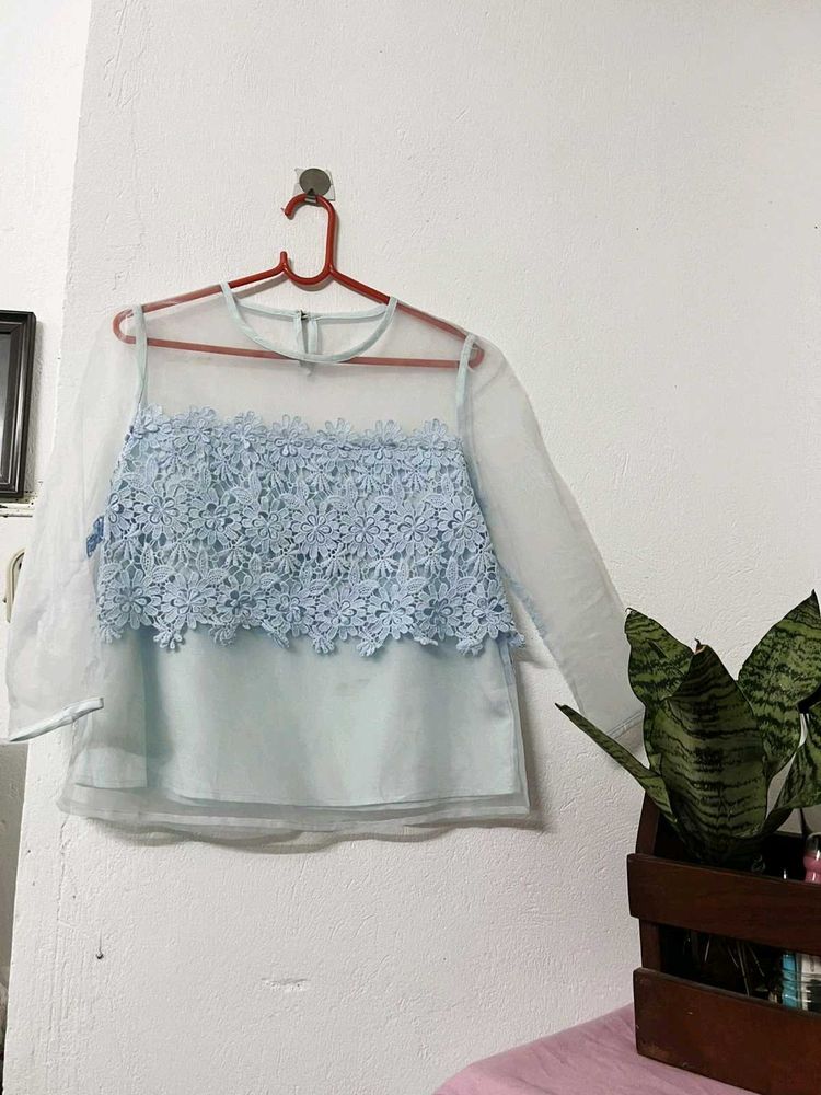 Light Blue Lace &amp; Sheer Blouse