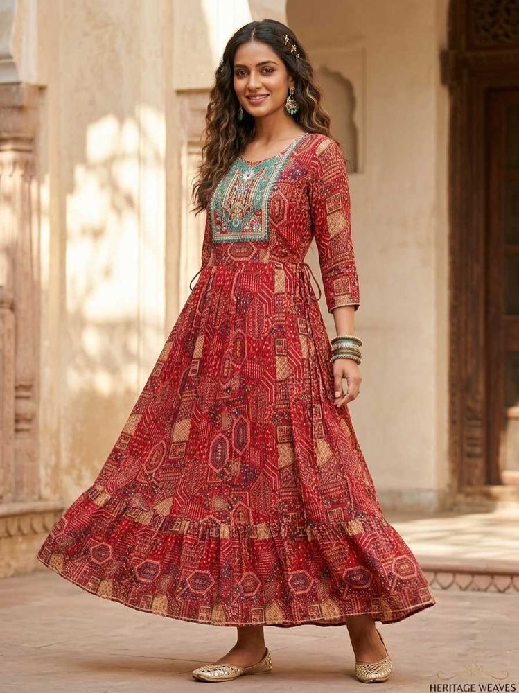 Elegant Red Printed anarkali