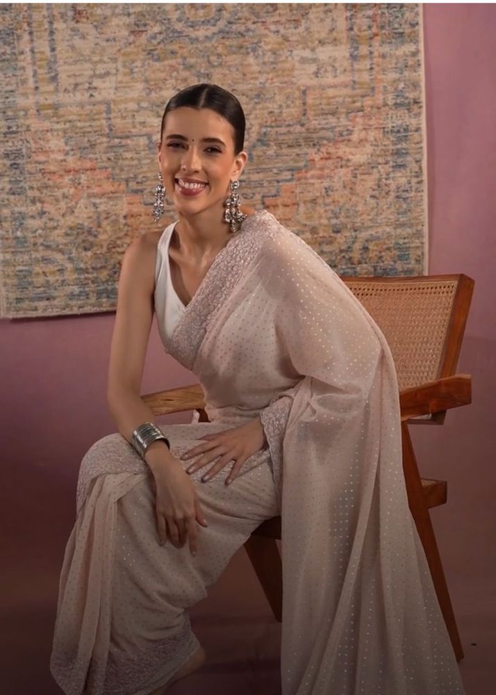 threadwork Pearl White Saree with Embellishments