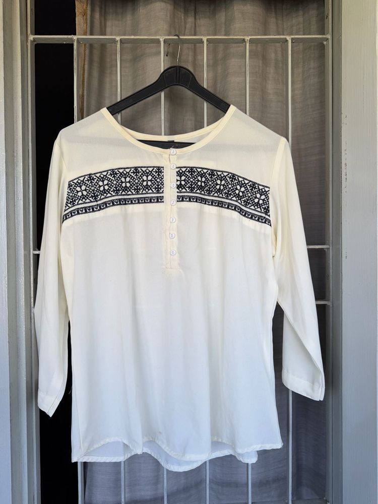 White Kurta with Embroidered Yoke