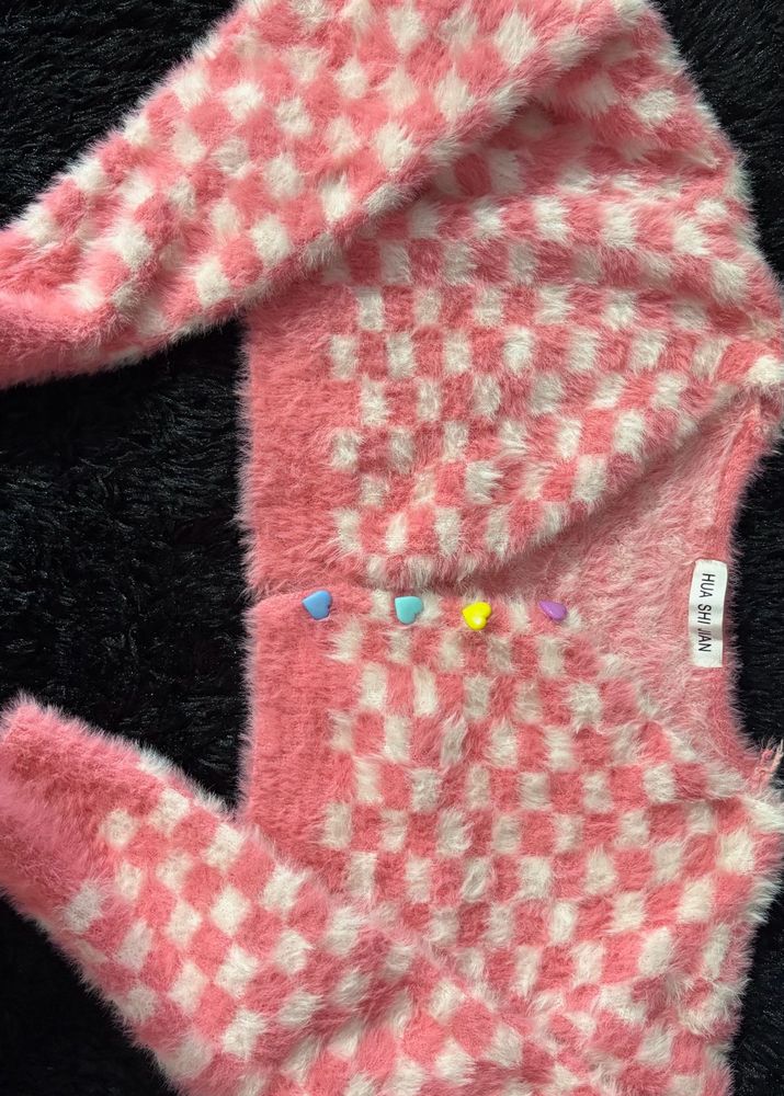 Cute Pink Checkered Fuzzy Crop Cardigan