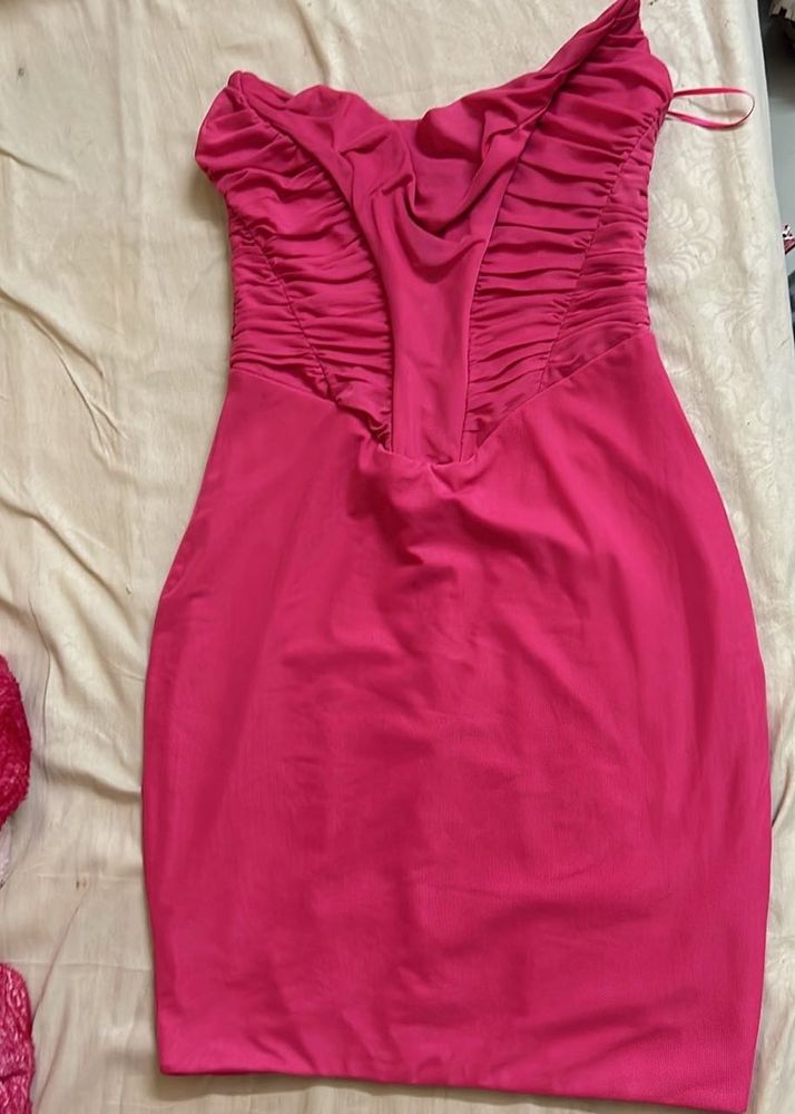Hot Pink Ruched Off Shoulder Dress