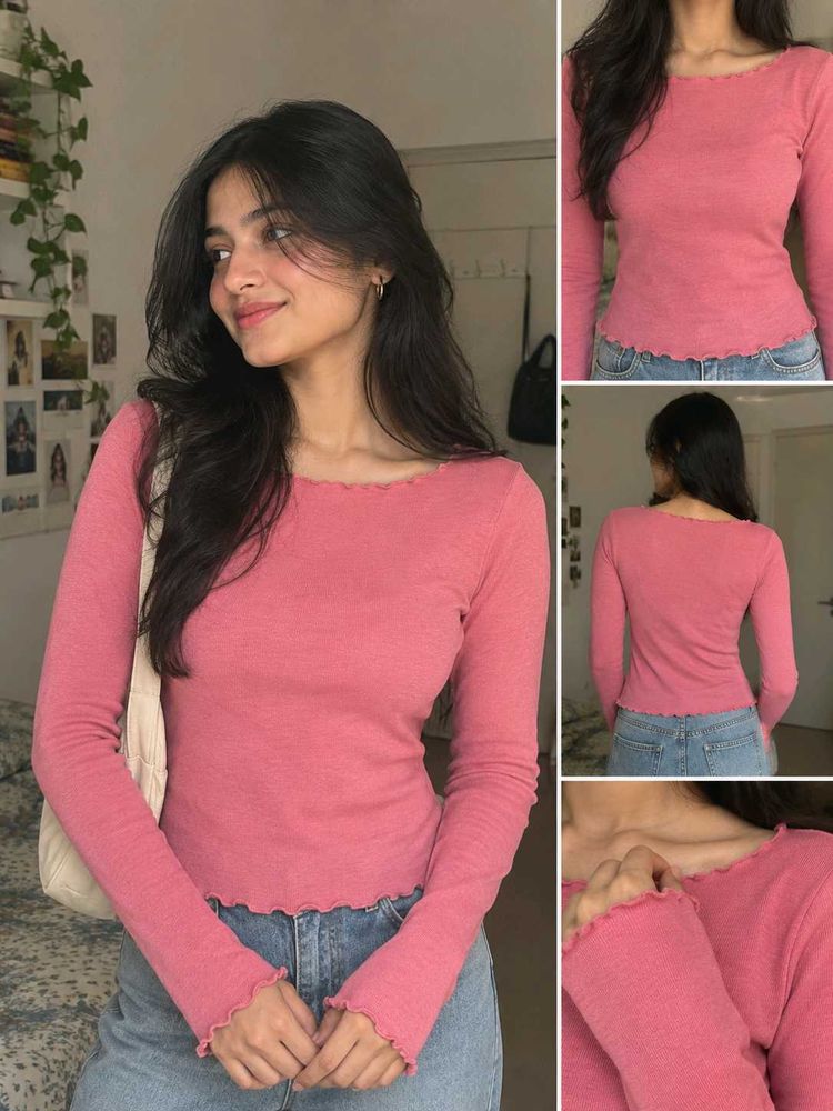Cute Pink Lettuce Trim Long Sleeve Top
