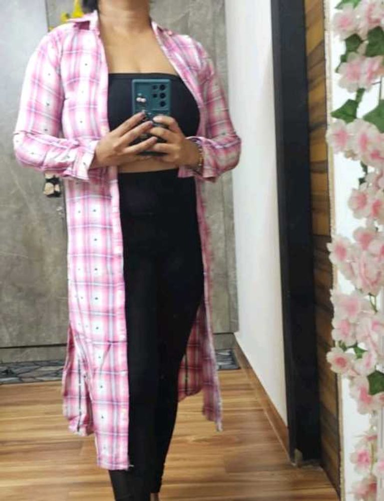 Chic Pink Plaid Long Shrug/Kurta/ shirt
