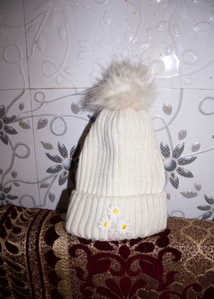 Cute White Winter Hat with Flowers