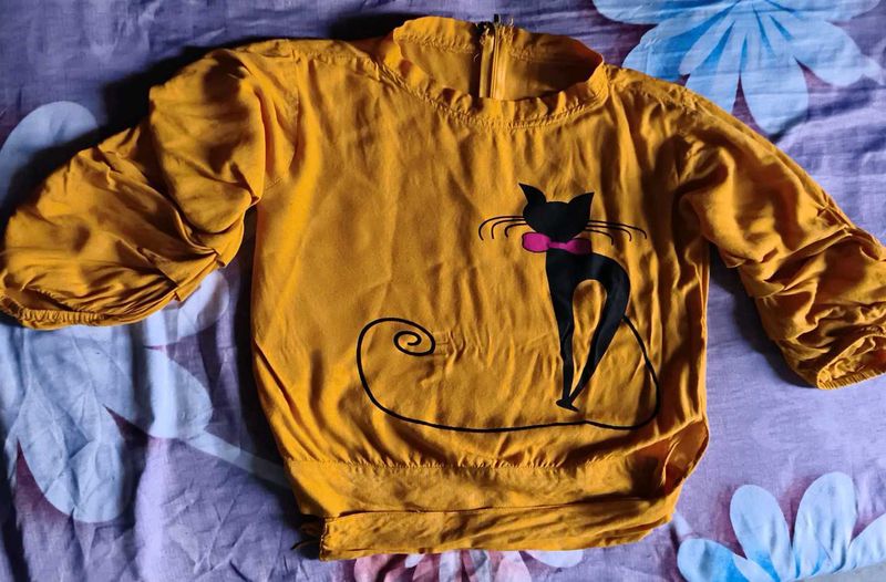 Cute Cat Print Yellow Tunic Top