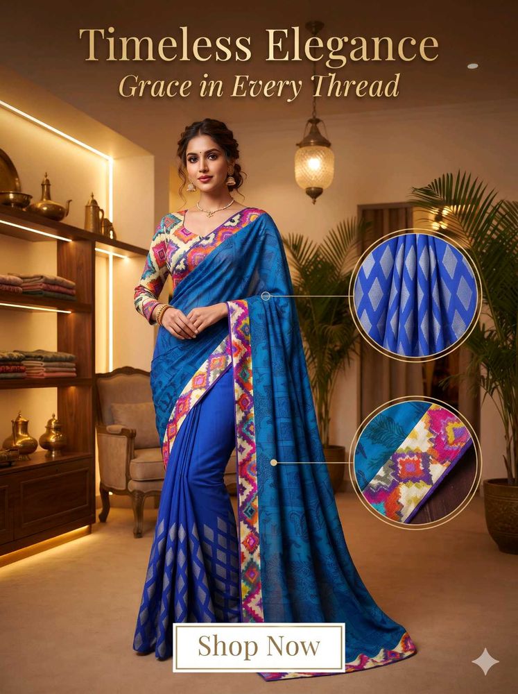 Elegant Blue Saree with Geometric Print blouse