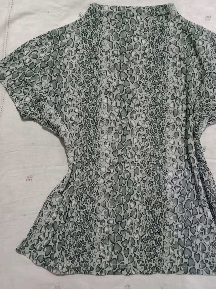 Grey Heart Print Mock Neck Top