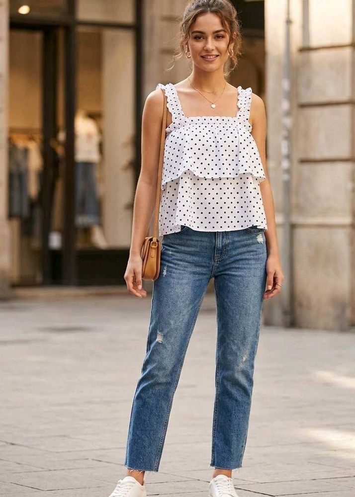 White Polka Dot Ruffle Top