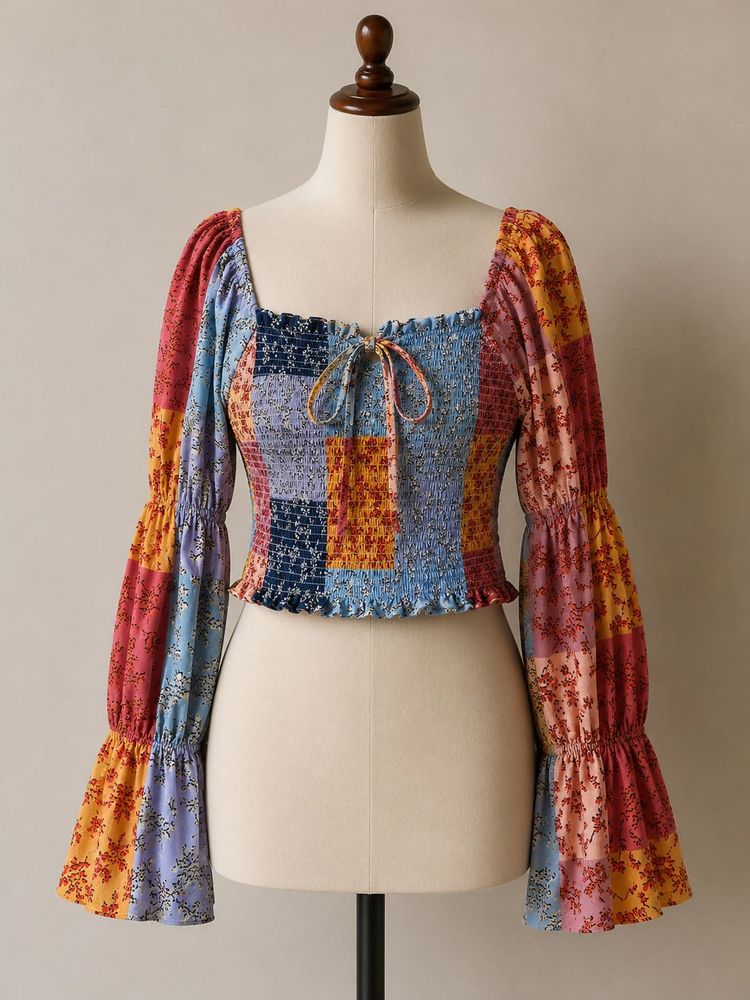 Patchwork Print Smocked Square Neck Top