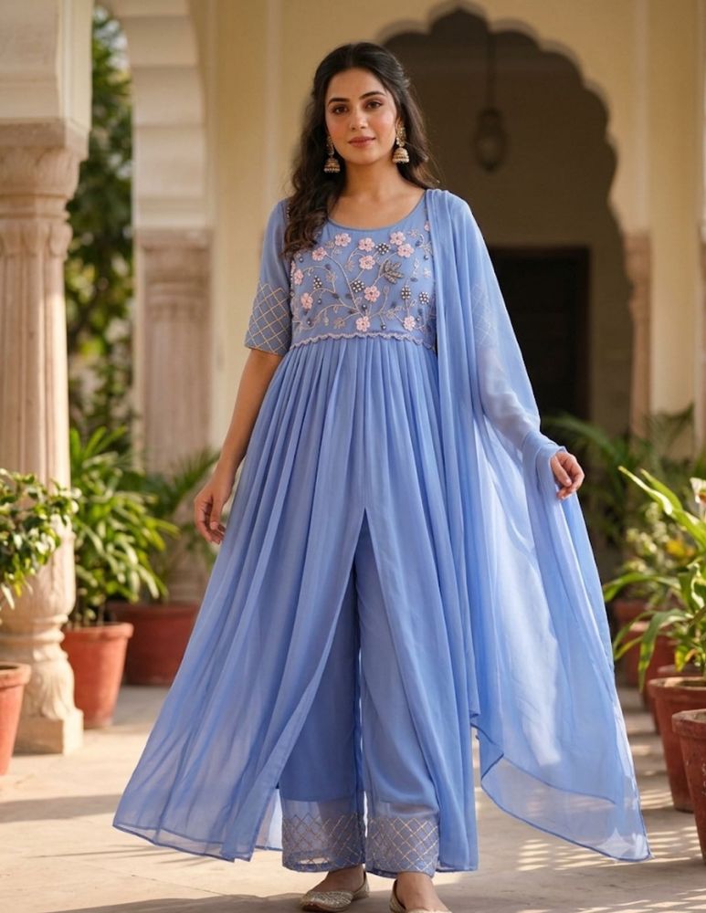 Pastel Blue Kurta set With palazzo &amp; Dupatta