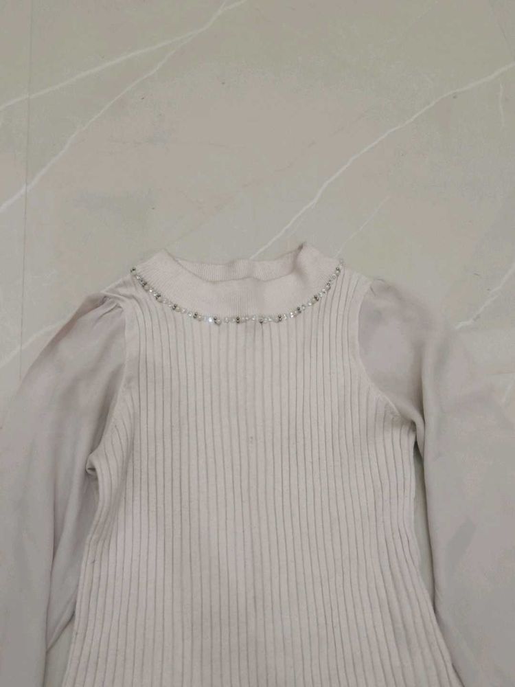 Ribbed Knit  korean Top with Sheer Sleeves