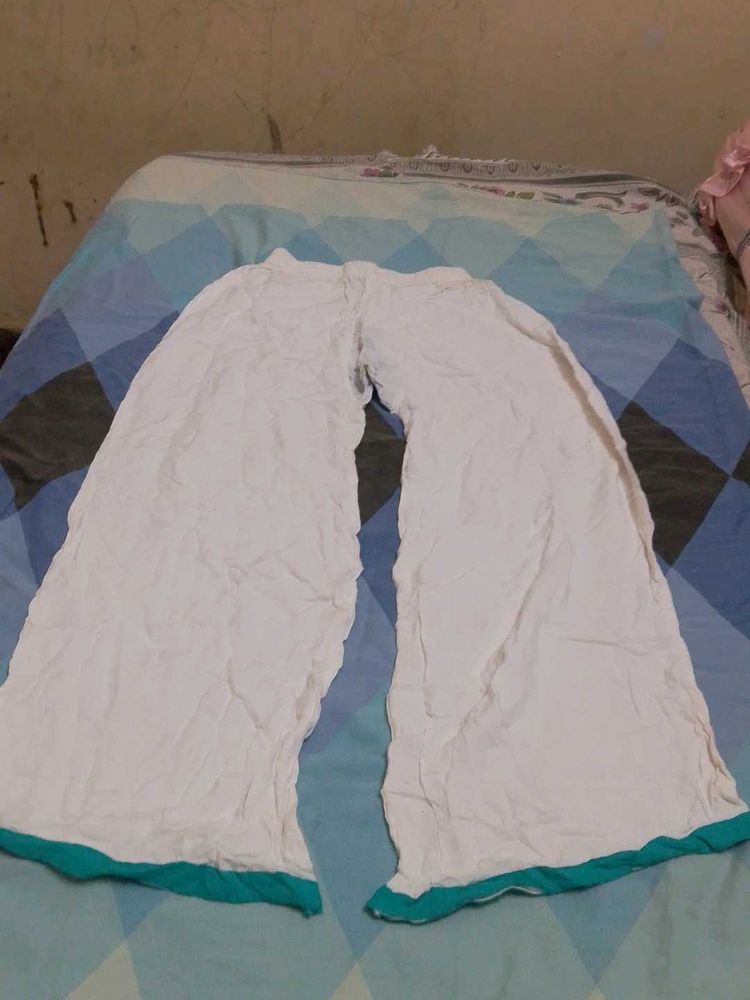 White Palazzo Pants with Teal Border