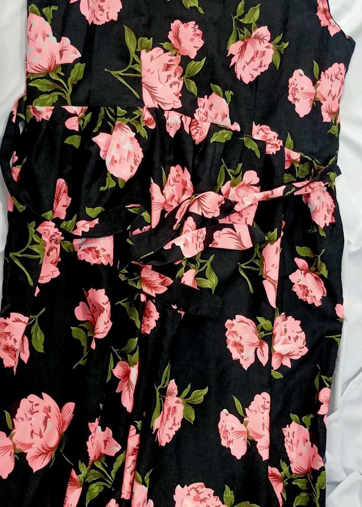 Black Floral Print Midi Dress