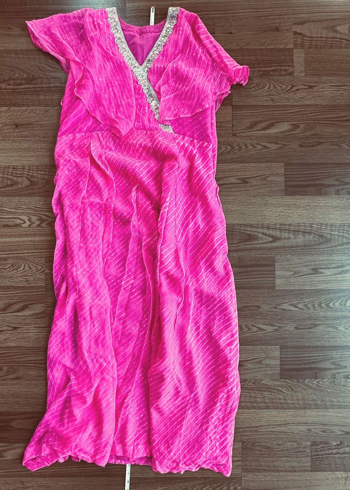 Vibrant leheriya pink dress with Embellished Neckl