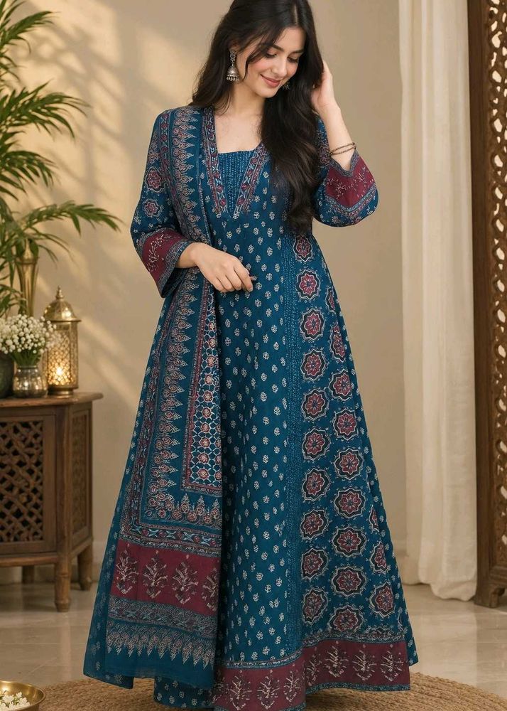 Elegant Teal Printed Kurta Set with Dupatta
