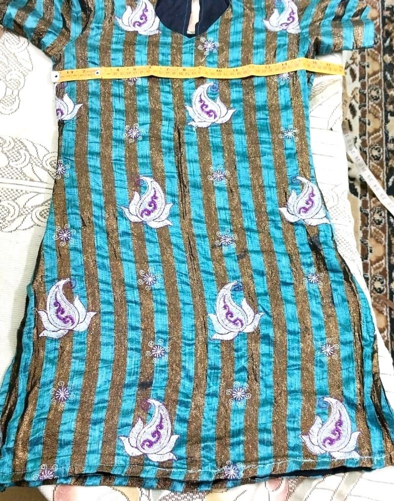 🇬🇧Teal and Gold Striped Kurti with Paisley Print
