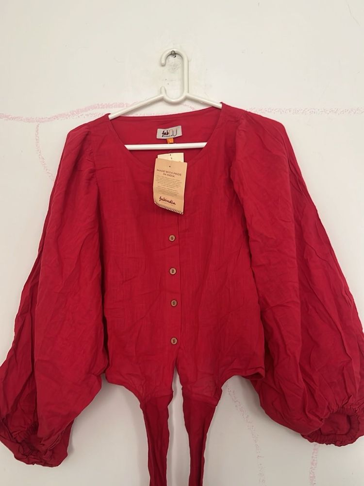 Vibrant Red Linen Blend Blouse