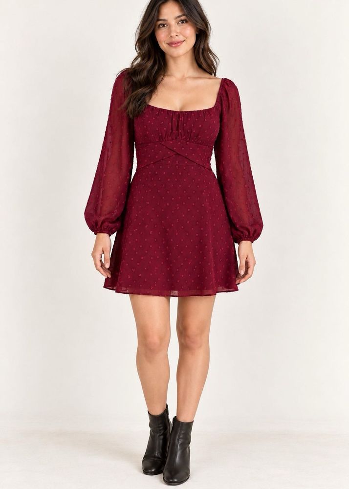 Chic Maroon Swiss Dot Dress