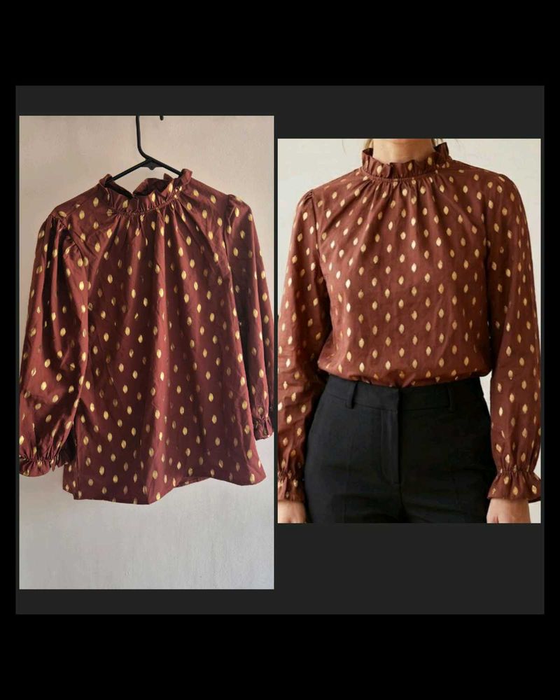 Chic Brown &amp; Gold Polka Dot Top