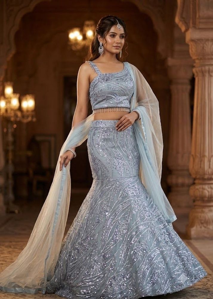 Stunning Blue Sequined Fish Cut Lehenga Choli