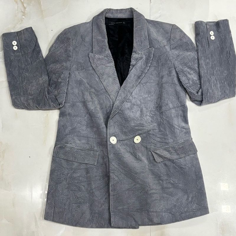 Zara Woman Grey Corduroy Double-Breasted Blazer