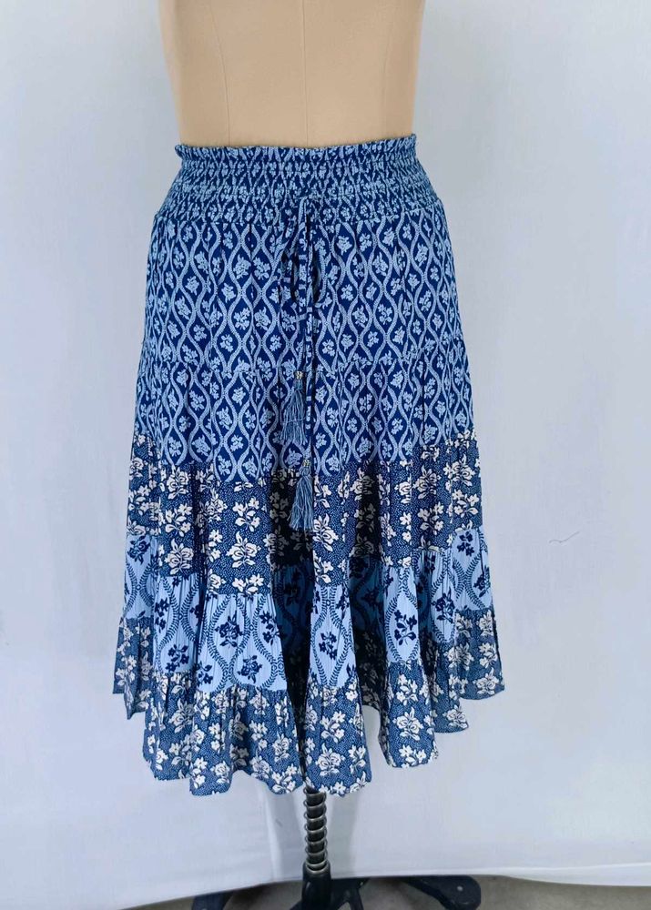 Boho Blue Floral Tiered Skirt