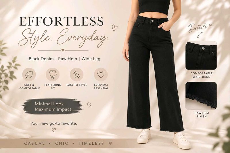 Black Wide Leg Cropped Jeans on Discount 45%🌷