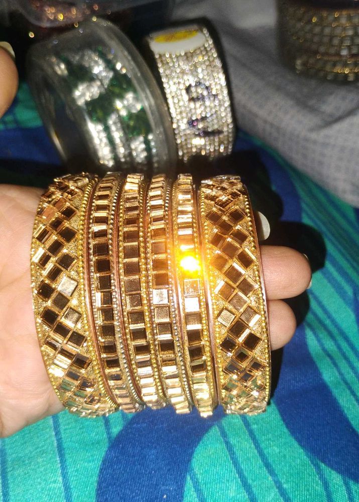 Set of Golden Bangles with Mirror Work