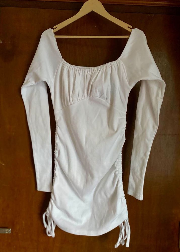 Ruched White Long Sleeve Mini Dress