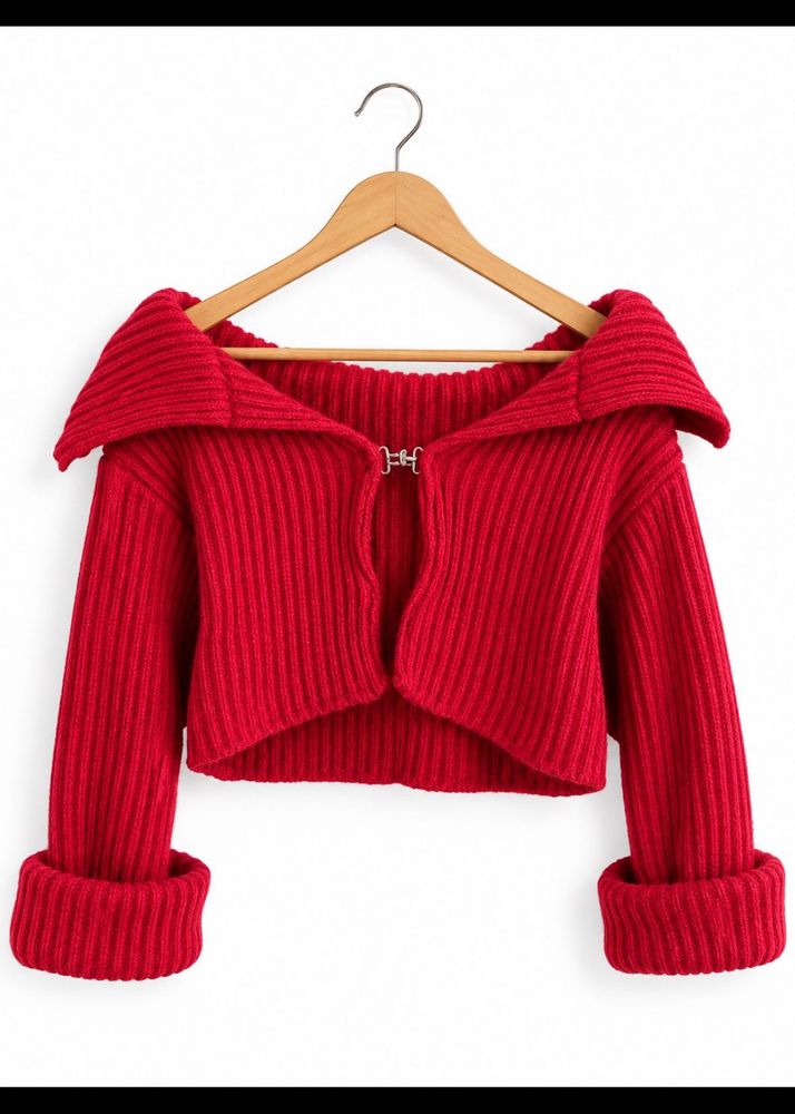Red Cropped Knit Cardigan