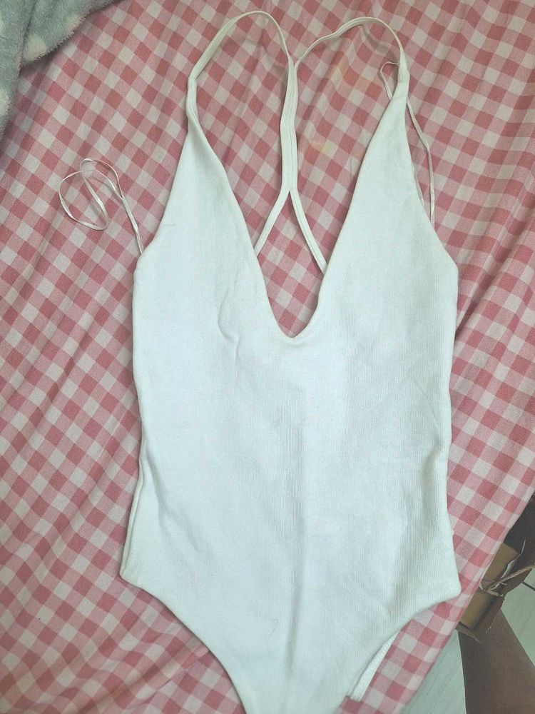 Zara White Plunge Neck Bodysuit
